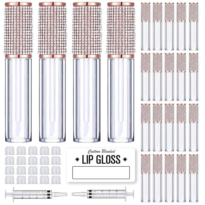 AMORIX 24 Pack Crystal Rhinestone Lip Gloss Tubes with Wand 5ml Empty Lip Gloss Containers Lipgloss Bottles with Stoppers 2pcs Syringes + Labels for DIY Lip Gloss Balm-BrightBean Baby
