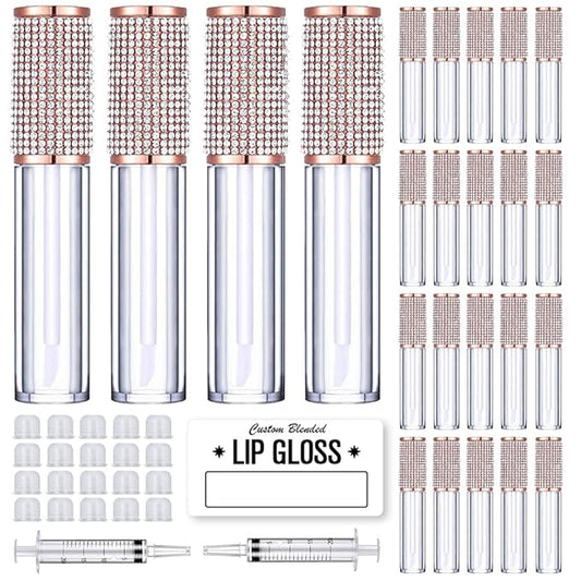 AMORIX 24 Pack Crystal Rhinestone Lip Gloss Tubes with Wand 5ml Empty Lip Gloss Containers Lipgloss Bottles with Stoppers 2pcs Syringes + Labels for DIY Lip Gloss Balm-BrightBean Baby