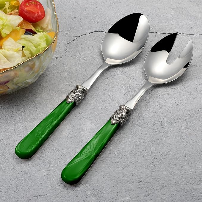 2-piece Salad Servers Stainless Steel Salad Serving Set Salad Fork and Spoon (Deep Green)
