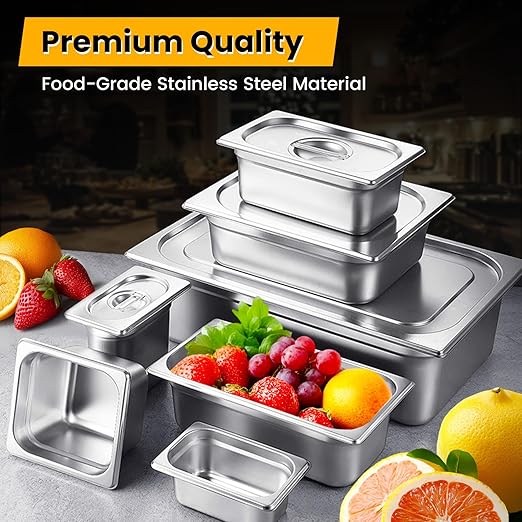 1/6 Hotel Pans 6 Inch Deep Stainless Steel Food Pan - Anti-Jam 6 Pack Steam Table Pan Set for Catering, Buffet Use, Kitchen Prep