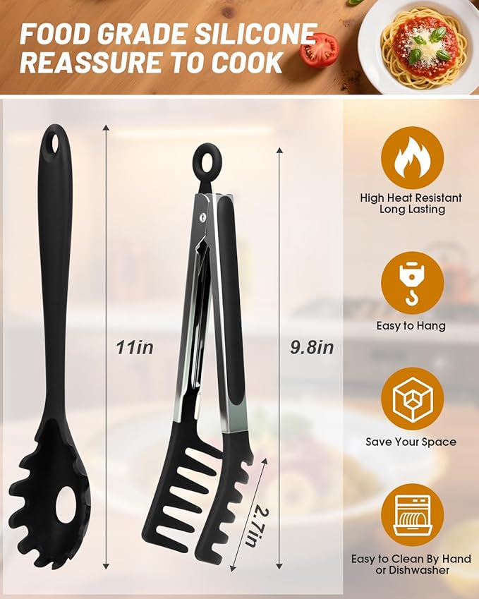 Spaghetti Spoon and Pasta Tong with Non-Slip Silicone Teeth, Food Clip for Spaghetti Noodle, Heat Resistant Kitchen Utensils with Storage Holes, Dishwasher Safe