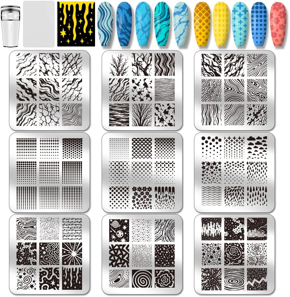 PH PandaHall 9pcs Marble Texture Nail Stamping Plates Line Graffiti Nail Art Designs Gradient Pattern Manicure Art Templates with Stamper and Scraper for Women DIY Manicures Salon Printing-BrightBean Baby