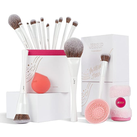 Jessup Makeup Brushes Set 14pcs Highend Makeup Gift Set for Women Include Foundation Concealer Blush Contour Powder Eye Shadow Brush, Makeup Sponge, Makeup Brush Cleaner and Towel, Pearl White T333-BrightBean Baby