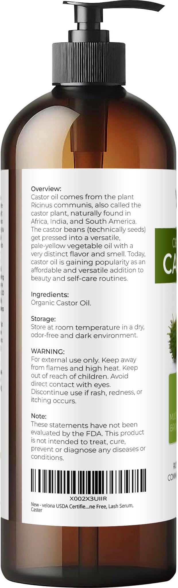 velona USDA Certified Organic Castor Oil - 16 fl oz (With Pump) | For Hair Growth, Boost Eyelashes, Eyebrows | Cold pressed, Natural Oil, USP Grade | Hexane Free, Lash Serum, Caster-BrightBean Baby