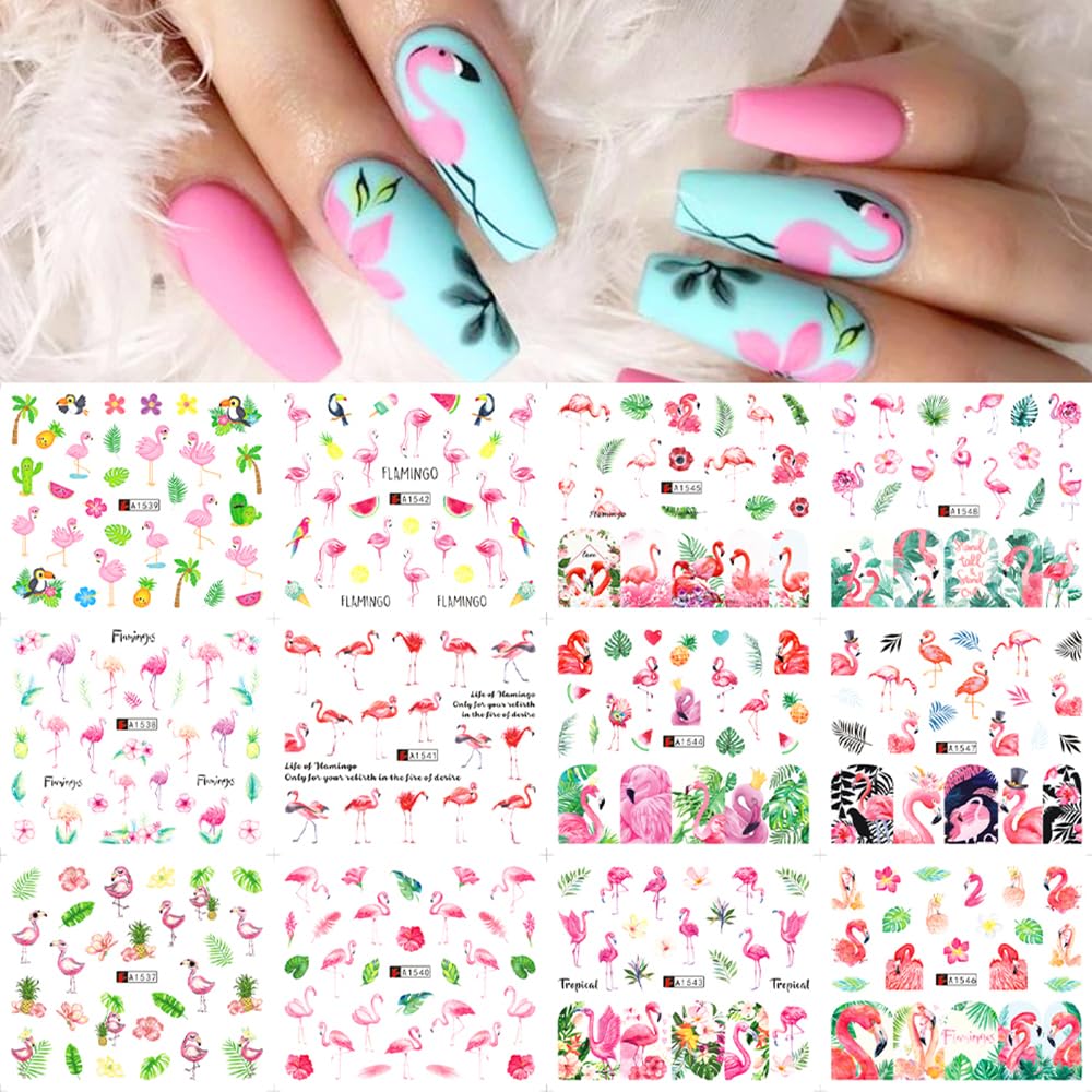 12 Sheet Flamingo Nail Art Stickers Cute Flamingo Green Leaf Design Water Transfer Nail Decals Summer Nail Art Decorations Waterproof Acrylic Nail Stickers for Women DIY Manicure Tips-BrightBean Baby
