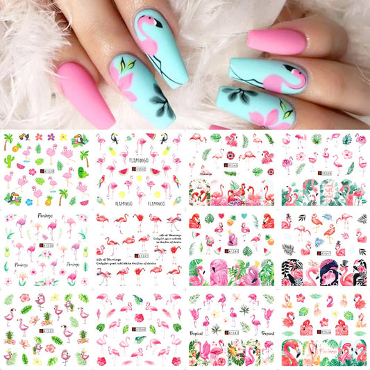12 Sheet Flamingo Nail Art Stickers Cute Flamingo Green Leaf Design Water Transfer Nail Decals Summer Nail Art Decorations Waterproof Acrylic Nail Stickers for Women DIY Manicure Tips-BrightBean Baby