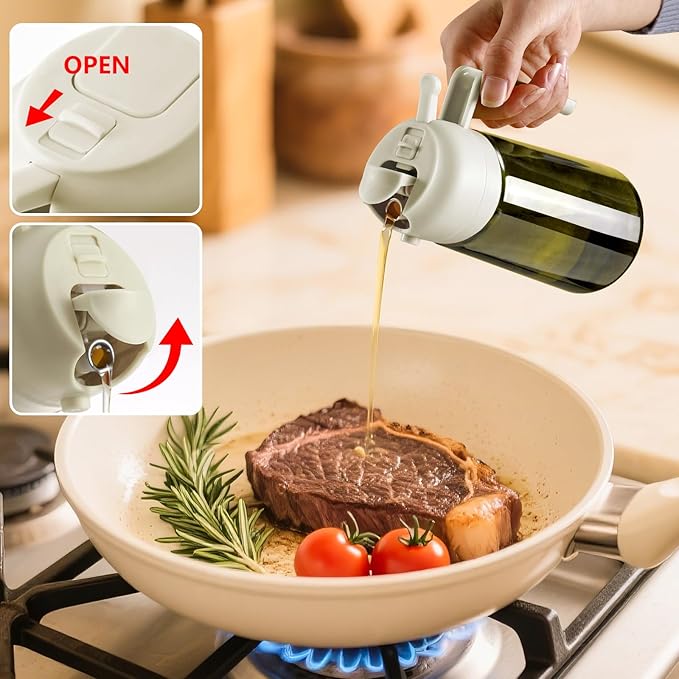 Olive Oil Dispenser and Oil Sprayer – 16oz/470ml Glass Light-Proof Oil Pourer for Kitchen, Air Fryer, Cooking, Salad, and BBQ