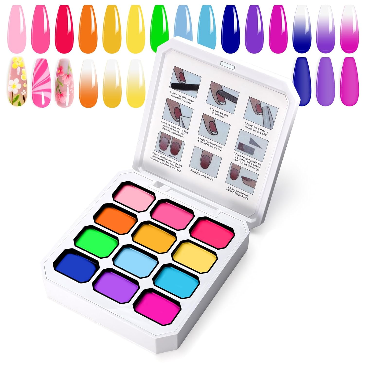 Gradient Painting Gel, 12 Bright Colors Ombre Gel Nail Polish for Pigment Pat Aura Nails, French Manicure DIY Nail Art Long-lasting No-wipe Palette Mojito Sunrise Canvas-BrightBean Baby