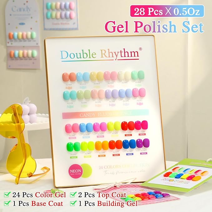 Double Rhythm 28Pcs 0.5Oz Gel Nail Polish Set Same Color Same Bottle Soak Off Gel Polish Kit Nail Art Manicure Salon DIY at Home for Women (Candy Neon Collection-T24-6)-BrightBean Baby