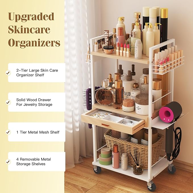 Makeup Organizer Storage Cart, Floor Skincare Organizers, Makeup Stand with Drawers, Vanity Organizer Cosmetics Display Cases Holder for Skin Care Nail Polish Perfume Makeup Brush Hair Tool-BrightBean Baby