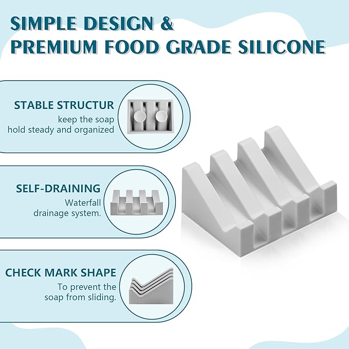 Self Draining Soap Dish,Silicone Suction Cup Soap Holder, Bathroom Soap Dish for Bar Soap,Can Extend Soap Life,Bathroom, Bath Tub, Kitchen Sink (2, Light Grey)