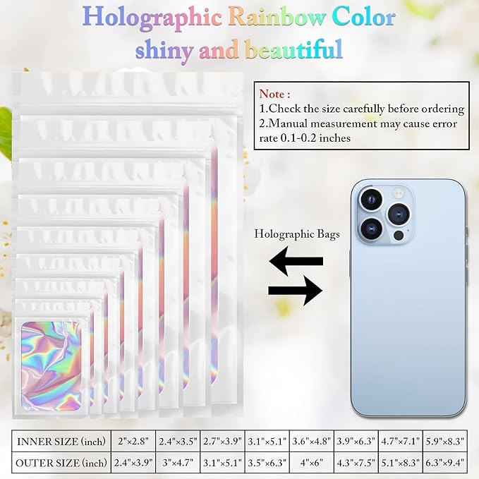 100 Pack Holographic Bags, Smell Proof Packaging Bags, Clear Window Resealable Odor Foil Pouch Mylar Bag for Food Storage and Lipgloss, Jewelry Lash (White, 3 x 4.7 Inch)-BrightBean Baby