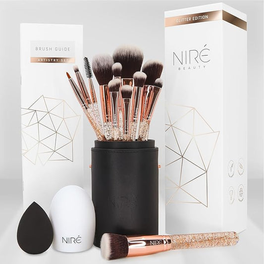 Niré Beauty 15piece Award Winning Glitter Makeup Brushes: Cute Makeup Brushes Set with Case, Beauty Blender, Cleaner, Guide, Gift Box-BrightBean Baby