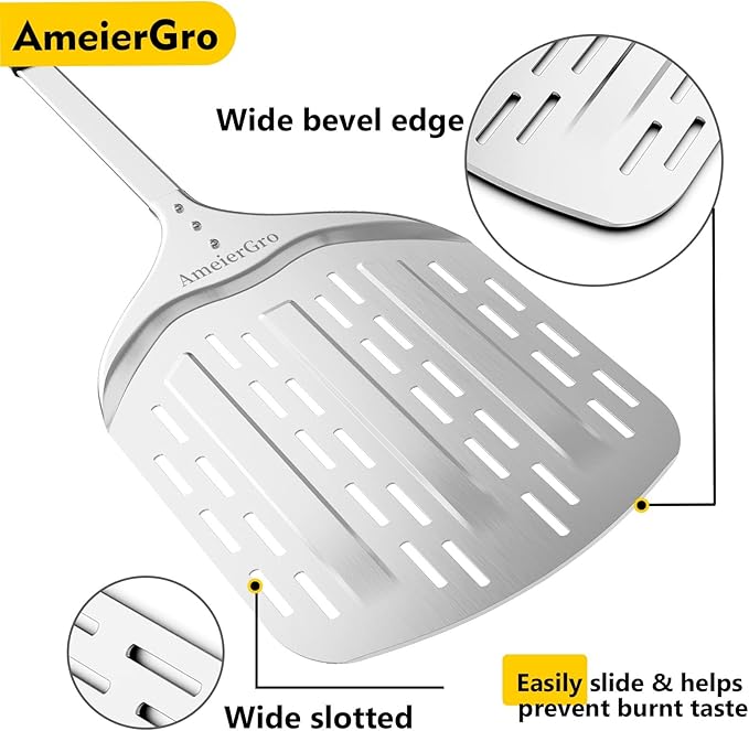 12" Perforated Pizza Peel, Long Handle(31") Anodised Aluminum Pizza Spatula Paddle, Pizza Oven Accessories for Pizza Stone/Grill