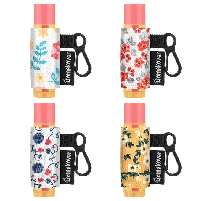 4 Pack Compact Clip-On Chapstick Holder Lip Balm Holder Keychain, Premium Release Clip Elastic Sleeves Lip Gross Holder Keychain Clip On Lipstick Sleeve, Fits Most Standard Lip Balm-BrightBean Baby