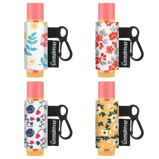 4 Pack Compact Clip-On Chapstick Holder Lip Balm Holder Keychain, Premium Release Clip Elastic Sleeves Lip Gross Holder Keychain Clip On Lipstick Sleeve, Fits Most Standard Lip Balm-BrightBean Baby