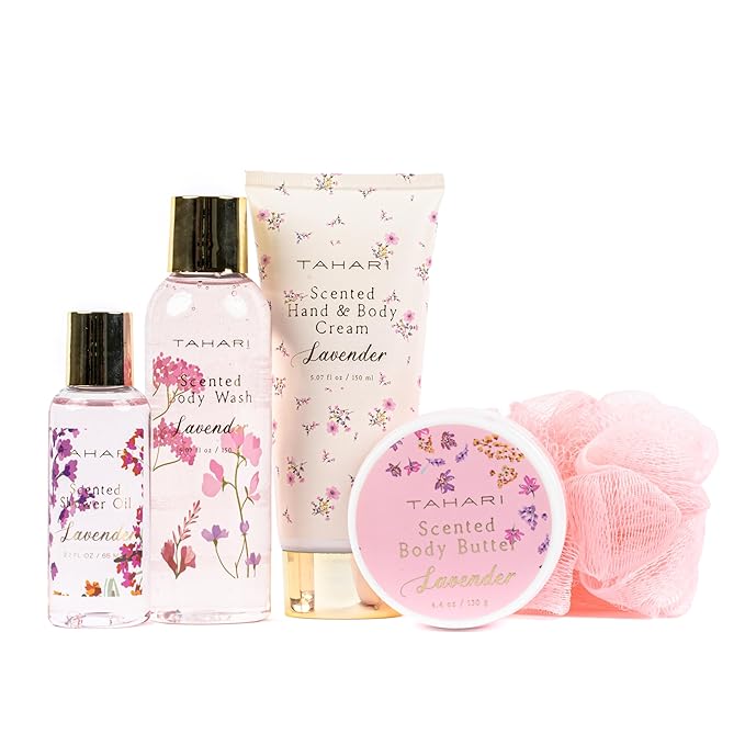 Tahari Spa Gift Set for Women, Lavender Spa Set, Bath Kit for Women Gift Set Includes Scented Body Wash, Body Lotion, Body Butter & Pouf, Lotion Gift Set for Women, Birthday Gifts For Women - (Floral)-BrightBean Baby