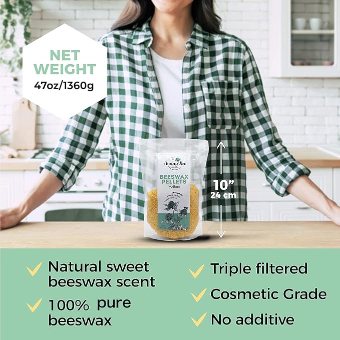 HUNNYBEE Beeswax Pellets 3LB, 100% Pure Bees Wax for DIY Candles, Skin, Body Cream, Face, and Hair Care, Lotions Deodorant, Lip Balm and Soap Making (Yellow, 3 lbs)-BrightBean Baby