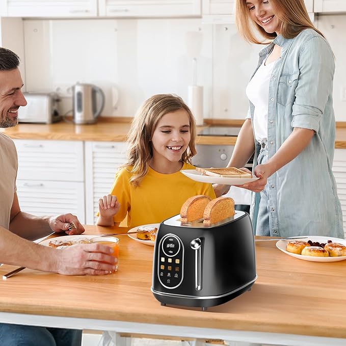 Keenstone Smart Touch Screen Toaster 2 Slice, Retro Wide Slot Stainless Steel Toaster with 6 Browning Levels, Reheat & Defrost, for Bagel, Toast, Bread, Removable Crumb Tray, Black