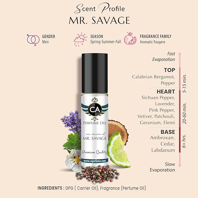 CA Perfume Impression of Mr. Savage For Men Replica Fragrance Body Oil Dupes Alcohol-Free Roll-On 0.3 Fl Oz/10ml-BrightBean Baby