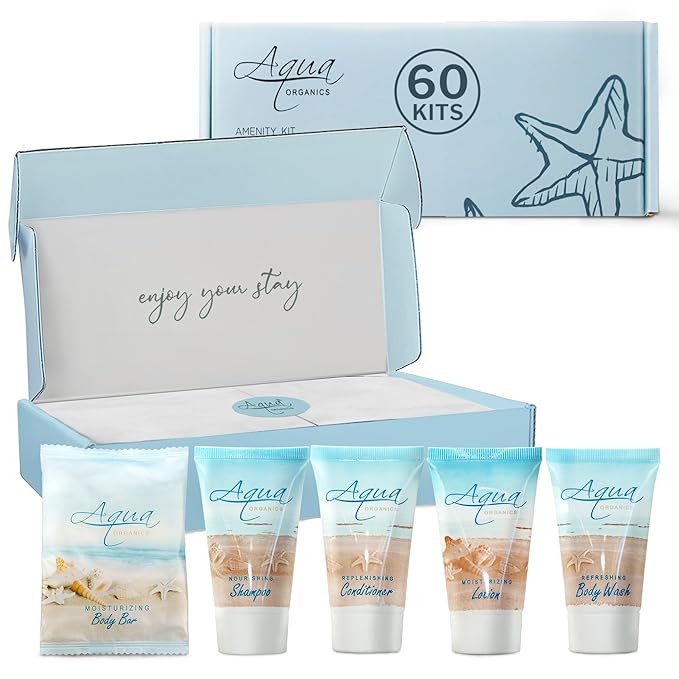 Aqua Organics Amenity Kit|Boxed Hotel Toiletries|Bulk Set 1 oz Travel Size Shampoo, Conditioner, Lotion, Body Wash & Bar Soap for Guest Hospitality AirBnB/Vacation Rentals|300 Pieces-BrightBean Baby