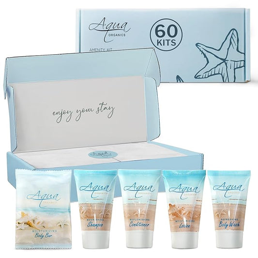 Aqua Organics Amenity Kit|Boxed Hotel Toiletries|Bulk Set 1 oz Travel Size Shampoo, Conditioner, Lotion, Body Wash & Bar Soap for Guest Hospitality AirBnB/Vacation Rentals|300 Pieces-BrightBean Baby