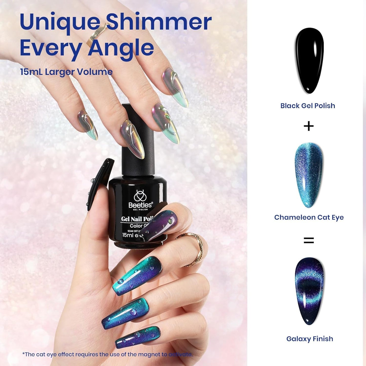 Beetles Blue Cat Eye Gel Nail Polish - 15ML Glitter Blue Chameleon Sparkle Holographic Nail Polish with Magnet Translucent Mystical Aura Gel Soak Off UV LED Nail Lamp Nail Art Manicure Salon DIY Home-BrightBean Baby