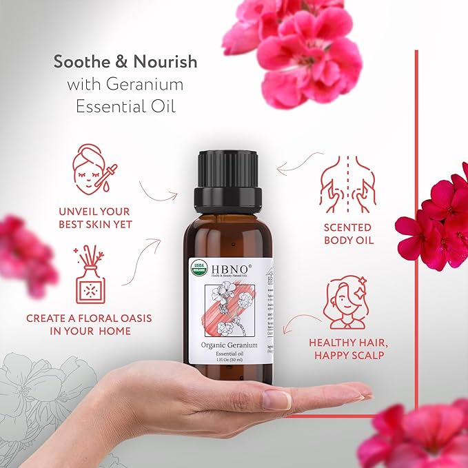 HBNO Organic Geranium Essential Oil - 1 oz (30ml) - USDA Certified Organic Geranium Essential Oil for Aromatherapy, Soap Making, DIY, Fragrances, Diffuser.-BrightBean Baby