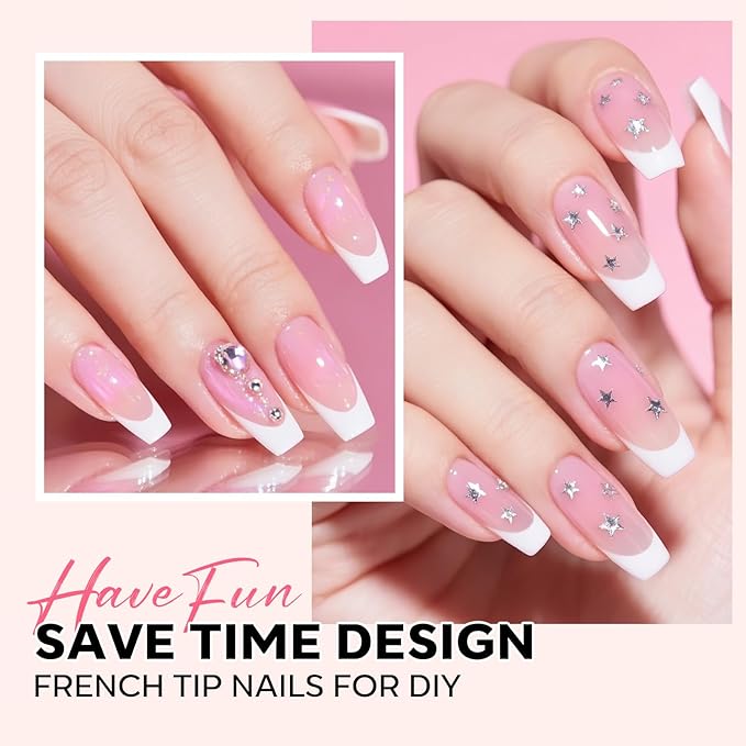 modelones French Tip Press on Nails, 150Pcs Long Square Fake Nails with Nail Box, Pink & White Gel Nail Tips for Women, Soft Glue-On Nails for Natural Salon Look, DIY Nail Art Kit (15 Sizes)-BrightBean Baby