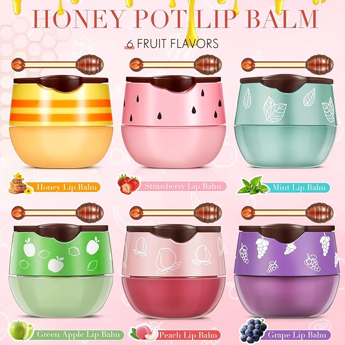 12 Pcs Bee Lip Balm Honey Pot with Brush Propolis Lip Mask Overnight, Moisturizing Hydrating Lip Sleeping Mask Prevention Dry and Cracked(Honey+Peach+Grape+Strawberry+Apple Lime+Mint)-BrightBean Baby