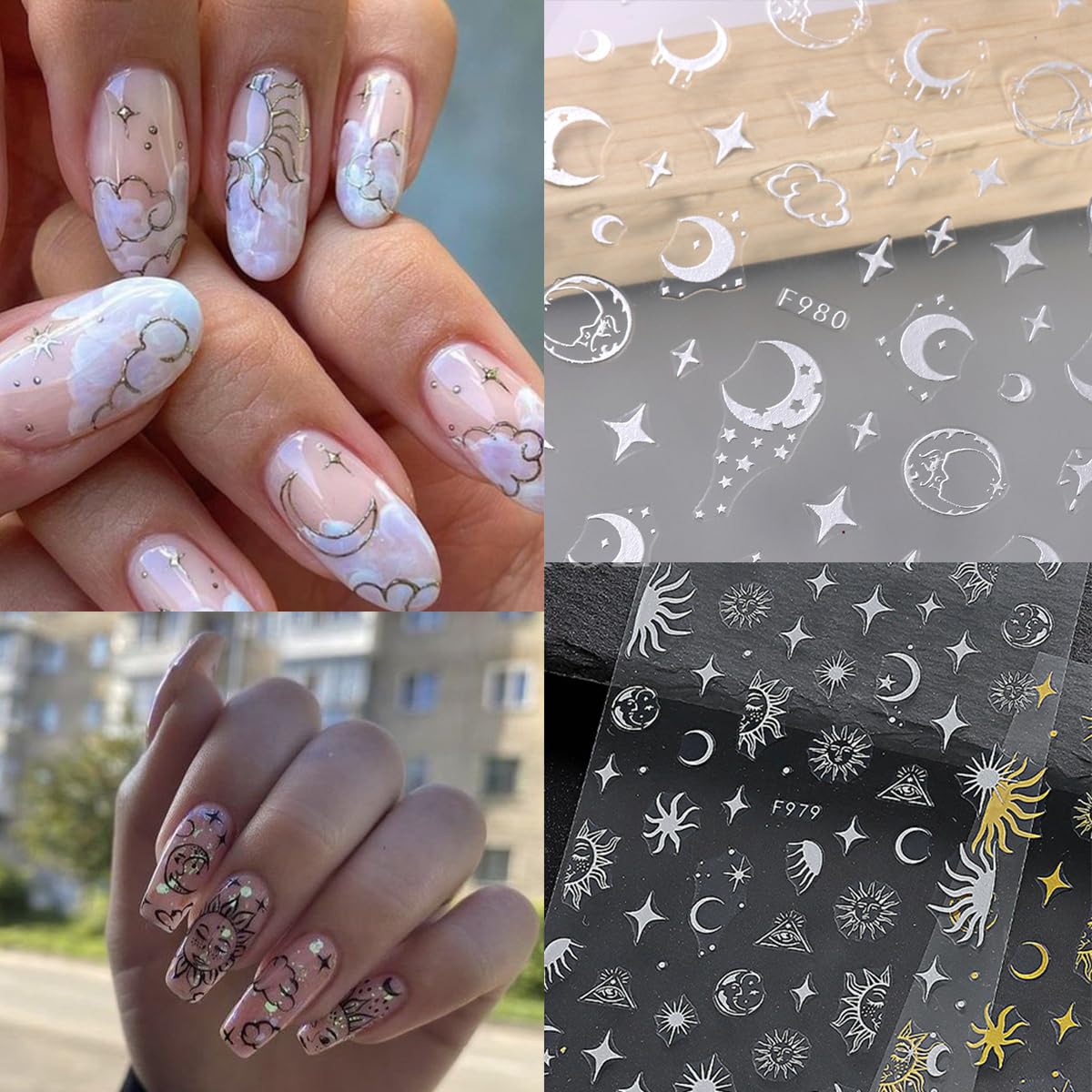 8 Sheets Metallic Nail Art Stickers Decals Silver Moon Star Sun Nail Stickers Eye Snake Nail Decals 3D Self-Adhesive Luxury Nail Art Design Stickers for Women Girls DIY Manicure Decoration Accessories-BrightBean Baby