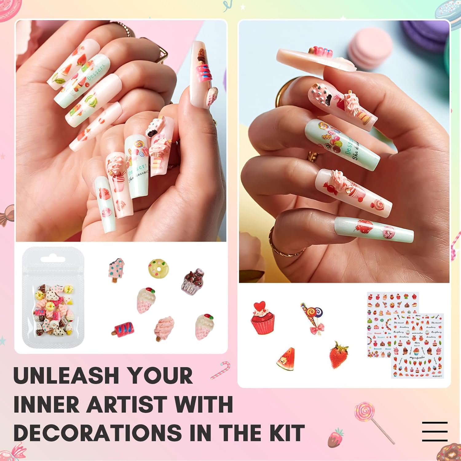 Makartt Nail Decorating Kit, 10pcs Designer Nail Stickers, Cute Dessert Nail Art Decor for DIY Manicure, Salon Accessories for Creative Nails Designs-BrightBean Baby