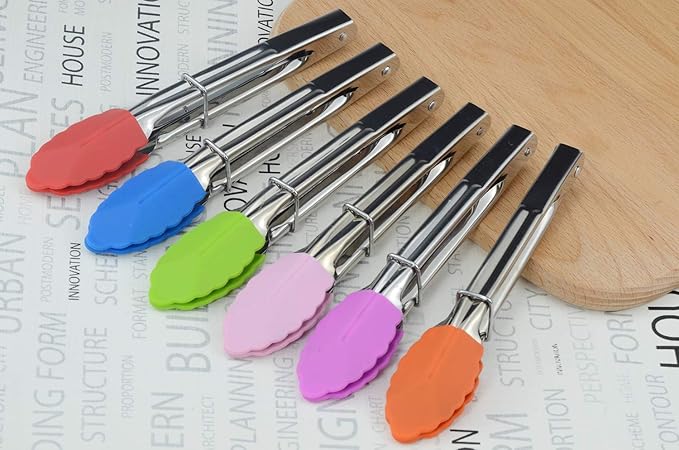Small Tongs with Silicone Tips 7-Inch Mini Serving Tongs, Set of 6 (Green Red Blue Purple Pink Orange)