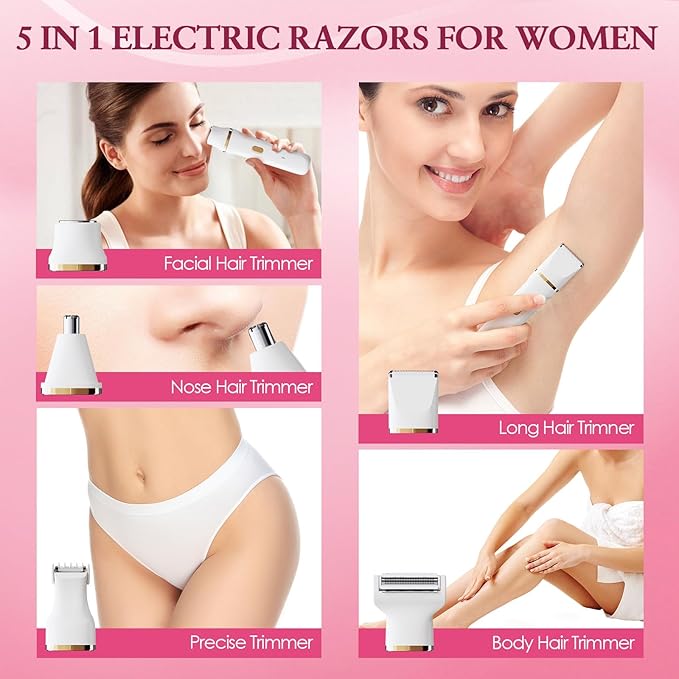 Bikini Trimmer for Women - 5 in 1 Painless Electric Razors for Ladies Pubic Facial Nose Body Leg Hair Removal, Waterproof Electric Shaver for Women Private Area Sensitive Skin,Personal Hair Trimmer-BrightBean Baby