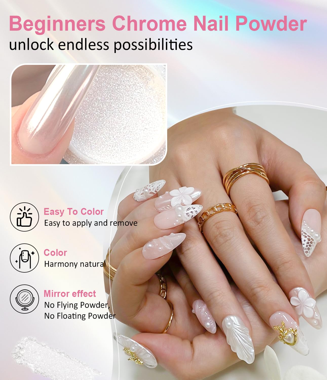 Pearl Chrome Nail Powder BISHENGYF -【Fairy Effect】Pink Chrome Nail Powder White Aurora Yellow Mermaid Iridescent Nail Chrome Powder Metallic Mirror Glitter Pigment Dust For Nail Art Decroation DIY-BrightBean Baby