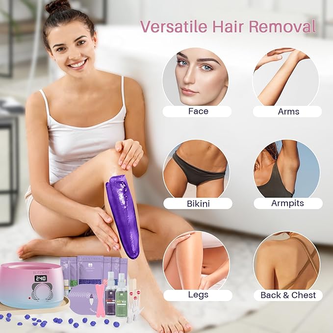 BLITZWAX Brazilian and Bikini Waxing Kit for Women, Hard Wax Warmer for Face, Legs and Body, At Home Hair Removal Kit, Beginner Friendly, Quick Heating, Pink and Blue Gradient Color-BrightBean Baby