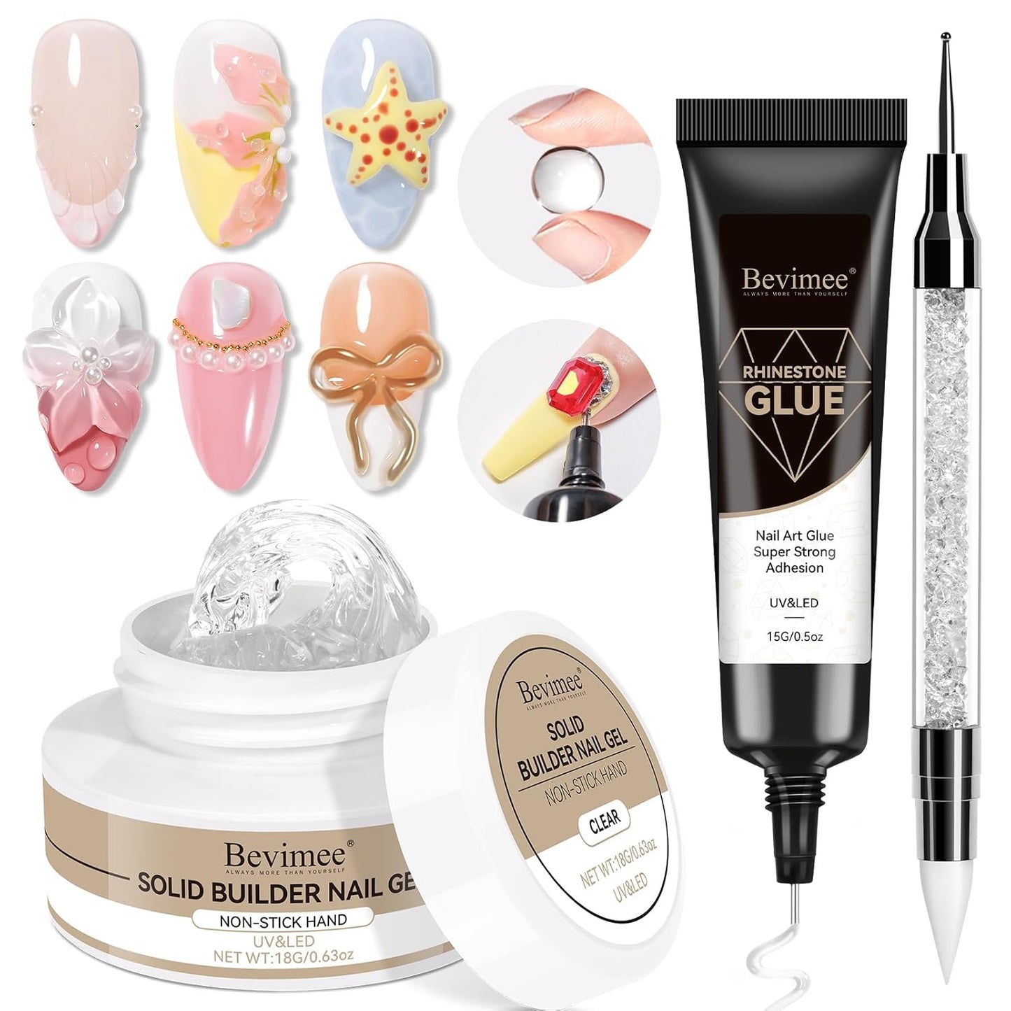 Solid Builder Gel and 15g Rhinestones Glue, Sculpting Gel for Nail Art Clear Non-Stick Hand For Modeling, Sculpture, Nails Extension UV/Led Manicure DIY At Home-BrightBean Baby