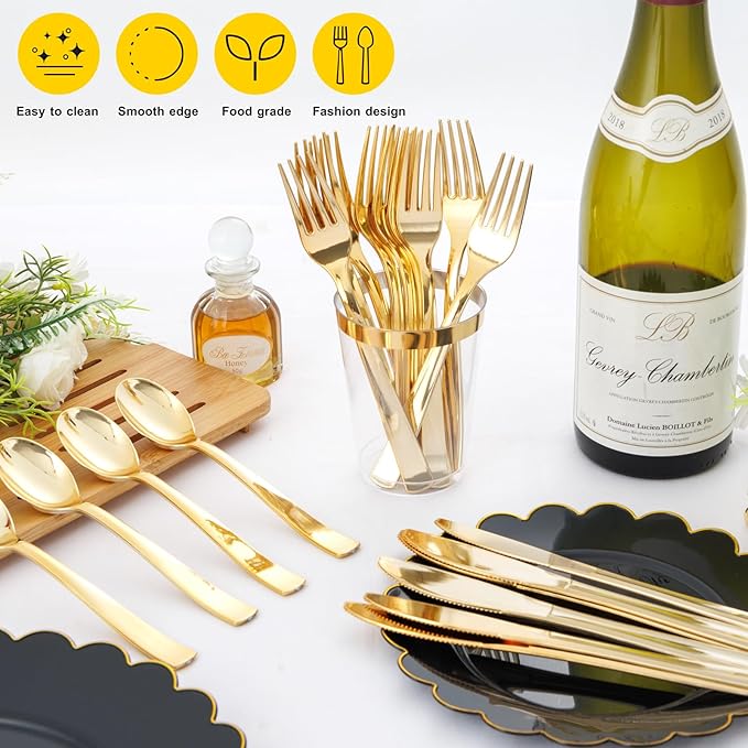 EI 360pcs Gold Plastic Silverware,Gold Silverware Disposable,Gold Forks and Spoons,Gold Cutlery include 120pcs Plastic Forks,120pcs Plastic Spoons and 120pcs Plastic Knives