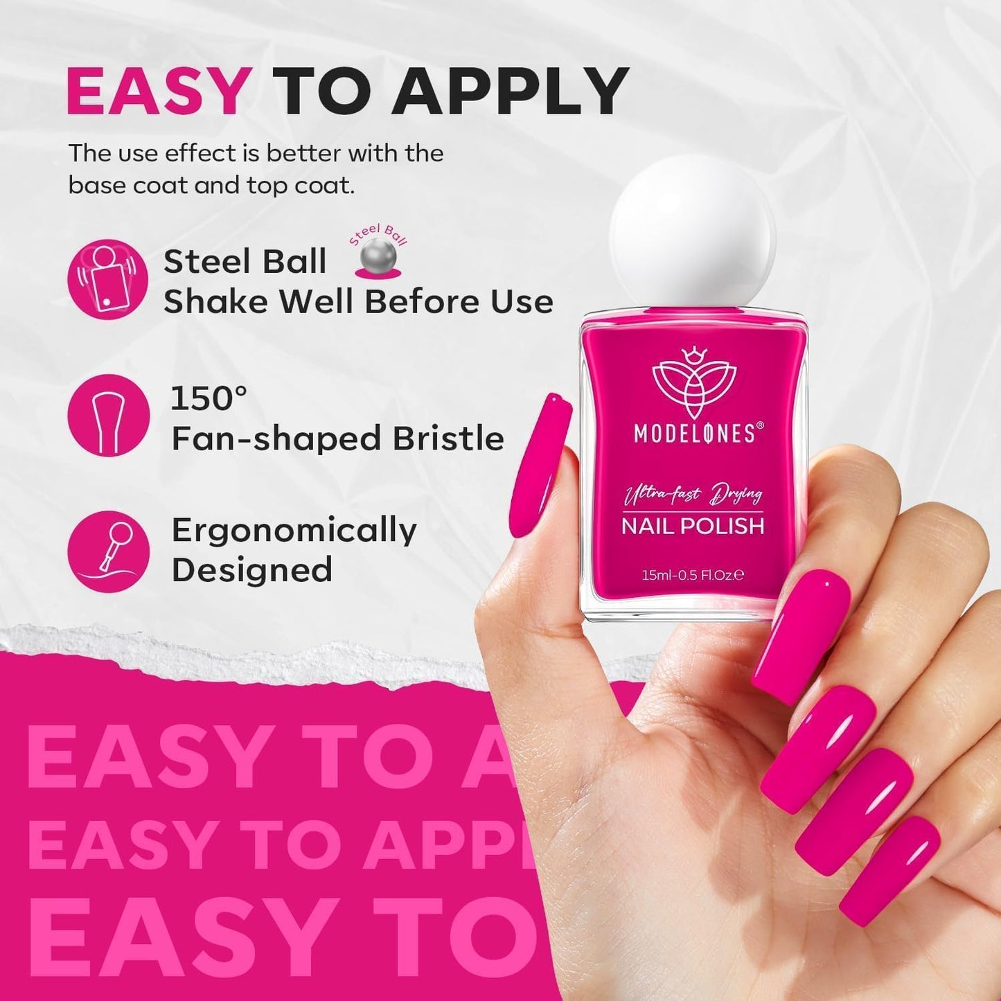 modelones Hot Pink Nail Polish, 15ML Bright Pink Quick Dry Nail Lacquer Strengthener Long Last Shine Fingernail Toe Nail Art DIY Valentine's Day Manicure Gift for Women Girls-BrightBean Baby