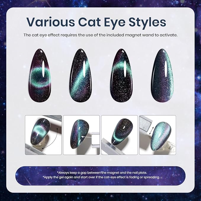 Beetles Cat Eye Gel Polish - Milky Way 6 Colors Gel Polish Set, Black Purple Blue Temperature Changing Glitter Nails, Halloween Galaxy Nails Kit with Magnet Stick Soak Off Uv Lamp Gel-BrightBean Baby
