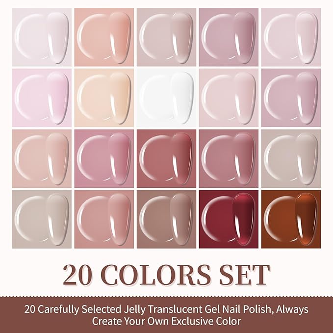 JODSONE 23PCS Gel Nail Polish Set 20 translucent Jelly Color Natural and Elegant Long Lasting Suitable for Home and Salon-BrightBean Baby