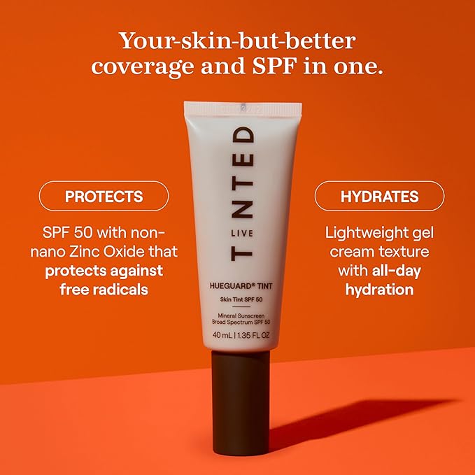 Live Tinted Hueguard Skin Tint SPF 50 - Tinted Mineral Sunscreen with Light-Medium Buildable Coverage With a Hydrating and Radiant Finish - Water and Sweat Resistant, 1.35 fl oz - Shade 06-BrightBean Baby