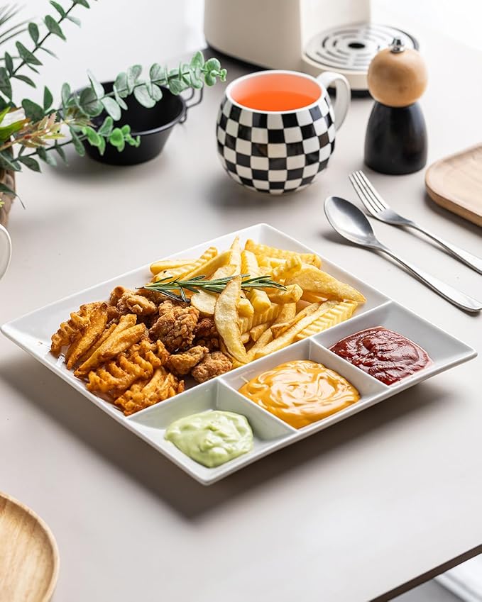 LAUCHUH Chip & Dip Serving Set, 11 inch Porcelain Divided Serving Platter Large Relish Tray Appetizer Tray for Party, Thanksgiving, Christmas, Nuts, Candy, Veggies, Candy and Snacks, White