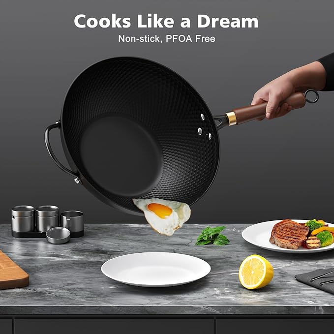 Nonstick Wok 13 Inch Carbon Steel Wok Pan with Glass Cover - Stir-Fry Pan