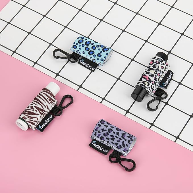 4 Pack Keychain Chapstick Holder, Leopard Pattern - Elastic Band, Fits Most Standard Lip Balm, Quick-Release Clip, Unisex-Adults-BrightBean Baby