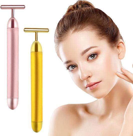 2 Pack T Shape Face Massager Beauty Bar Golden & Pink Facial Massager, Portable Electric Vibration Face Neck Body Massager for Firming Lifting Anti Aging Skin Tightening Wrinkle Reducing-BrightBean Baby