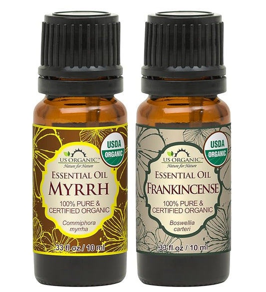US Organic 100% Pure Myrrh, Frankincense Essential Oil Combo Pack - Directly sourced from The Horn of Africa - USDA Certified Organic - Use Topically or in Diffuser (10 ml Combo)-BrightBean Baby