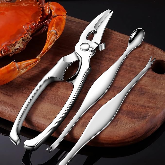 ACCUFINE Crab Crackers and Tools in Case Stainless Steel Set for Party Crab Scissors for Cutting the Shell Lobster Cracker and Tool Set Seafood Scissor Shrimp (silver)