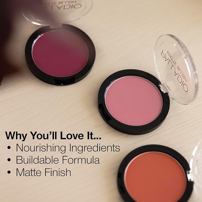 Palladio Matte Blush, Brushes onto Cheeks Smoothly, Soft Matte Look and Even Finish, Flawless Velvety Coverage, Effortless Blending Makeup, Flatters the Face, Convenient Compact, Bayberry-BrightBean Baby
