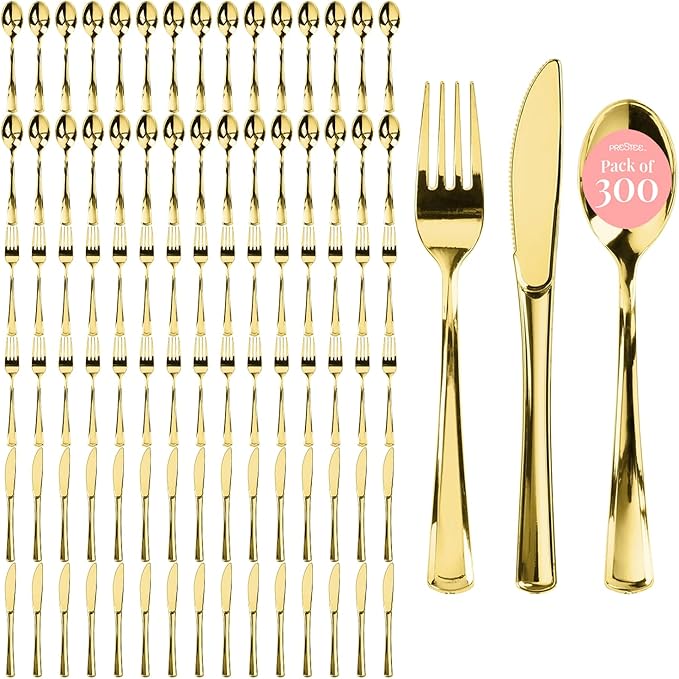 Prestee 300 ct Gold Plastic Silverware Set - Heavy Duty Disposable Cutlery - 100 Forks, 100 Spoons, 100 Knives - Elegant Gold Finish Utensils for Weddings, Parties, Holidays